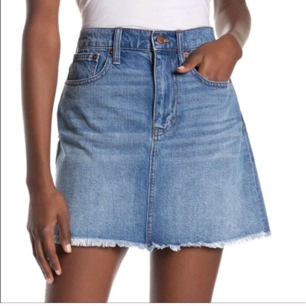 Madewell J.Crew High Rise Mini Skirt  Sz 27 rigid denim A-line Blue‎ Pockets 137